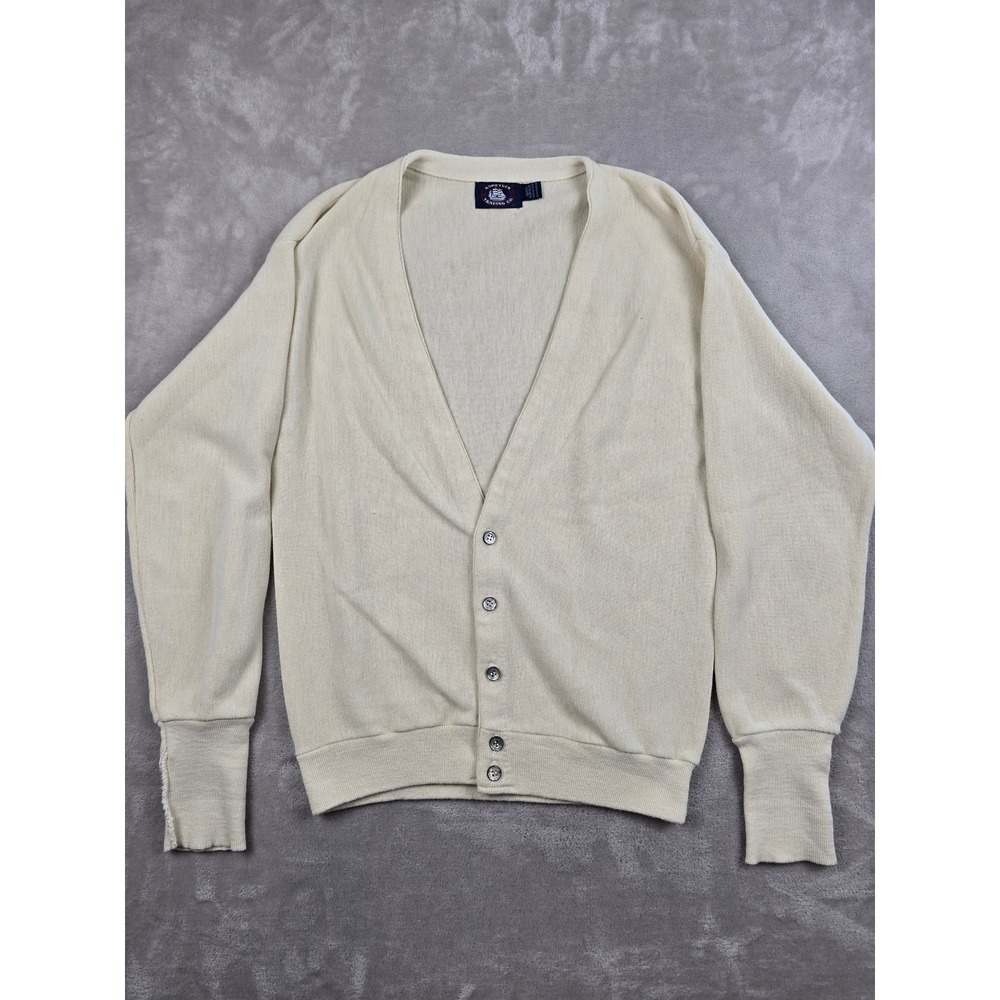 Vintage Aspetuck Trading Cardigan Sweater Mens L Cream V-Neck Acrylic Knit USA